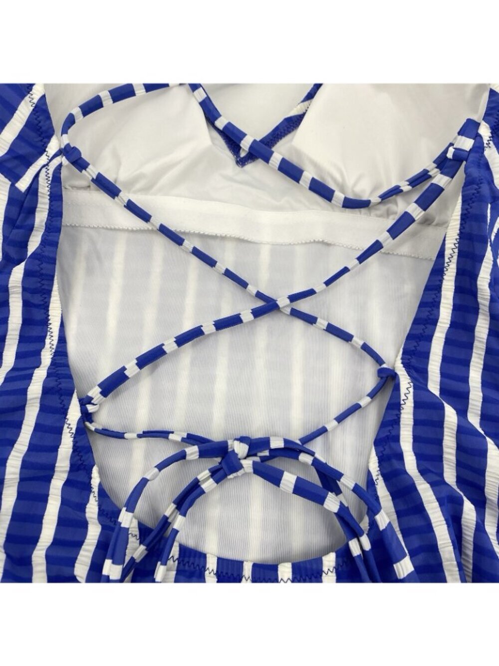 J.Crew Size 10 Blue White Lace Up Back One Piece Swimsuit Puckered Stripe H2911 - Picture 12 of 14